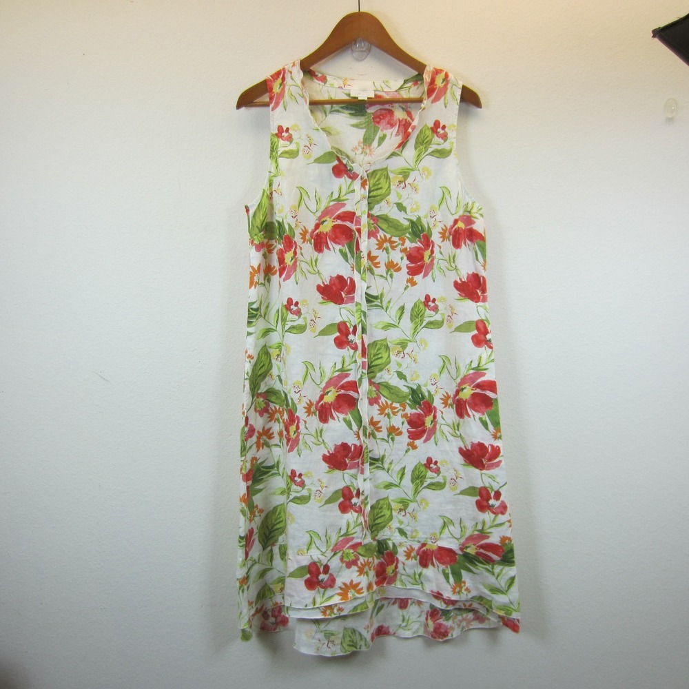 J. Jill Love Linen Midi Dress Womens M Tall Floral Red White Green Pockests Boho